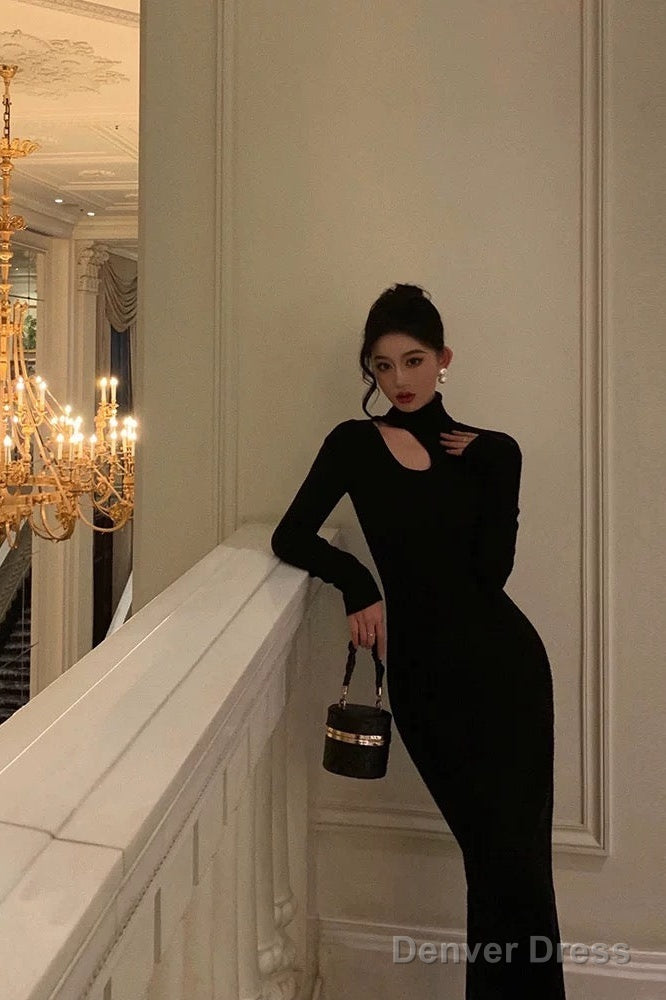 Sexy Sheath High Neckline Black Long Sleeves Prom Dresses Birthday Outfits