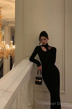 Sexy Sheath High Neckline Black Long Sleeves Prom Dresses Birthday Outfits