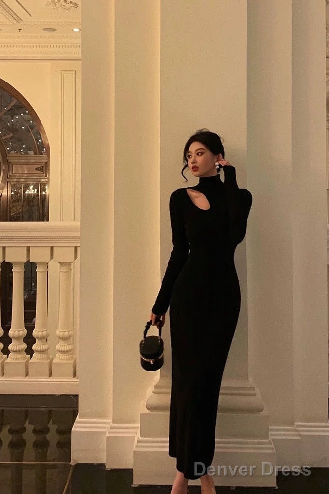 Sexy Sheath High Neckline Black Long Sleeves Prom Dresses Birthday Outfits
