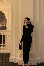 Sexy Sheath High Neckline Black Long Sleeves Prom Dresses Birthday Outfits