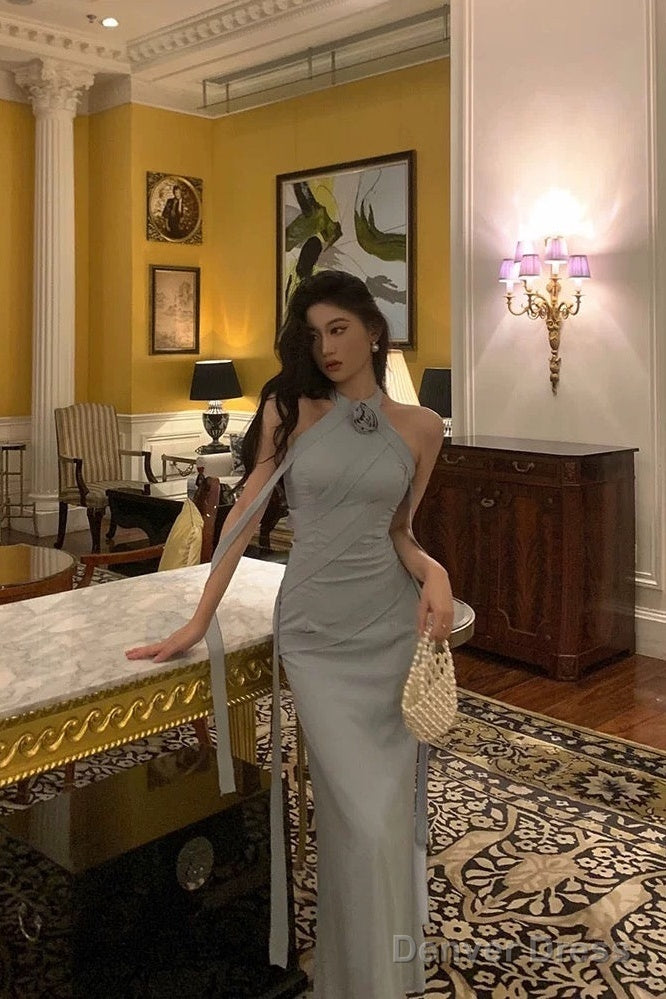 Sexy Sheath High Neckline Dusty Blue Satin Flowers Long Prom Dresses Evening Dress