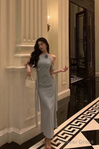 Sexy Sheath High Neckline Dusty Blue Satin Flowers Long Prom Dresses Evening Dress