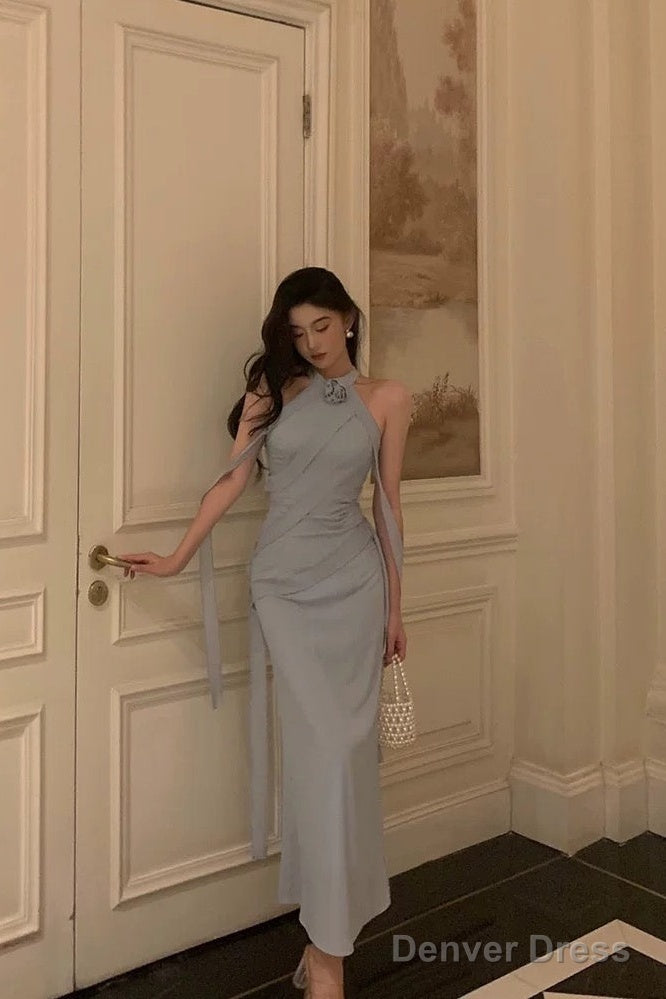 Sexy Sheath High Neckline Dusty Blue Satin Flowers Long Prom Dress