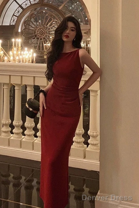 Sexy Sheath Jewel Neckline Red Long Prom Dresses Birthday Outfits Prom Gowns