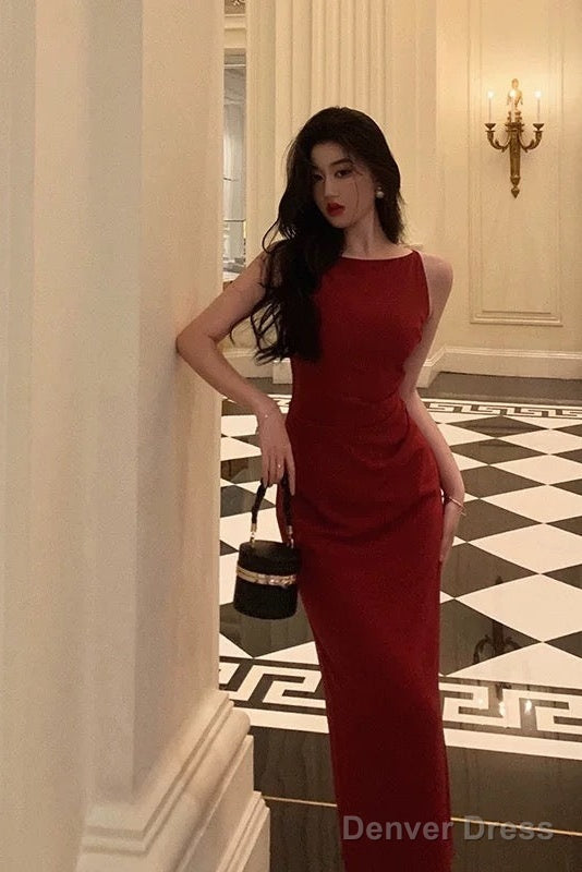 Sexy Sheath Jewel Neckline Red Long Prom Dresses Birthday Outfits Prom Gowns