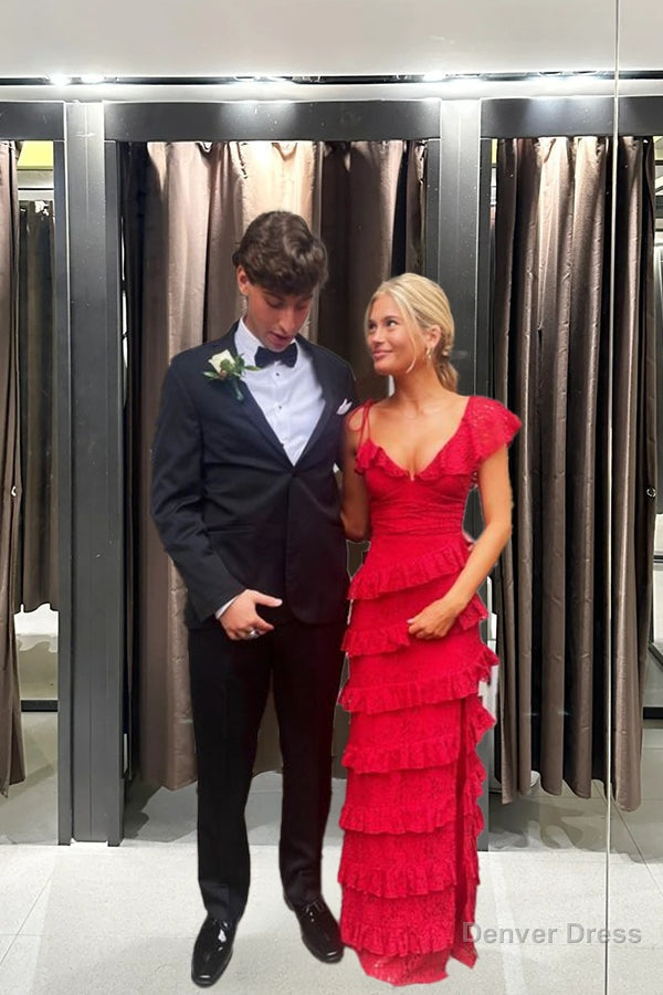 Sexy Sheath Lace Red Prom Dress Ruffles Prom Dresses Main image