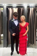 Sexy Sheath Lace Red Prom Dress Ruffles Prom Dresses