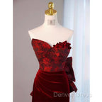 Sexy Sheath Long Senior Burgundy Velvet Prom Dresses Formal Dresses