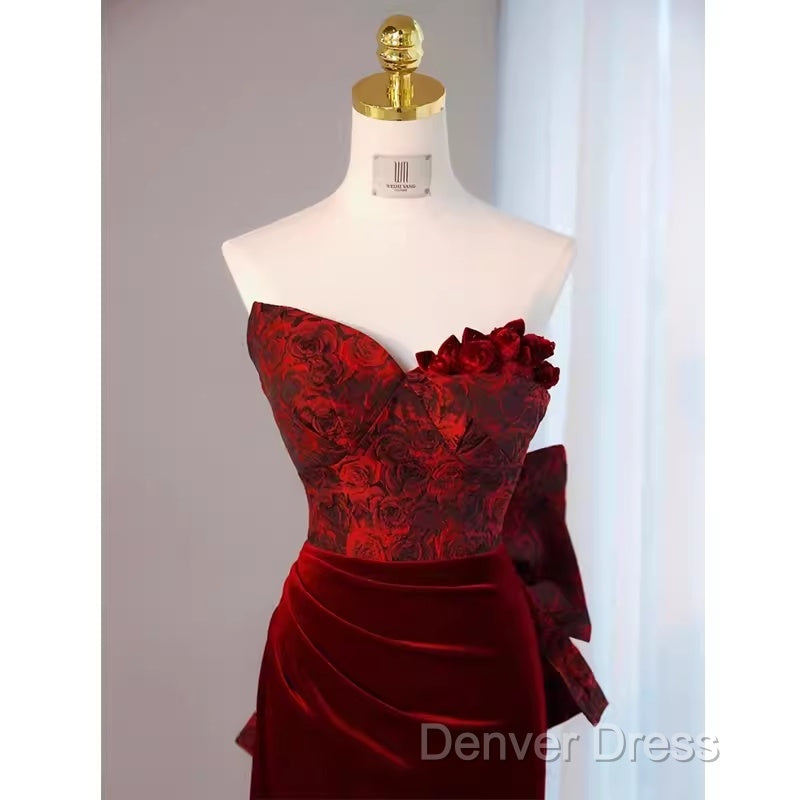 Sexy Sheath Long Senior Burgundy Velvet Prom Dresses Formal Dresses