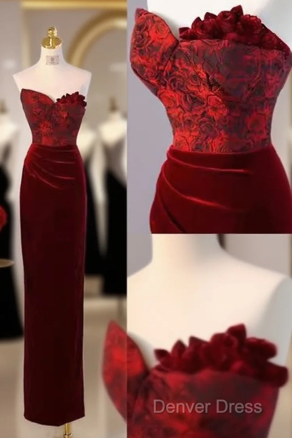 Sexy Sheath Long Senior Burgundy Velvet Prom Dresses Formal Dresses