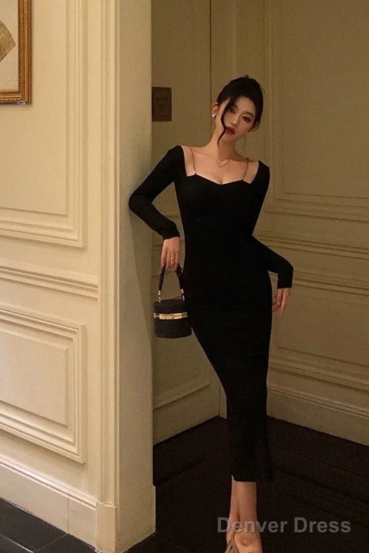 Sexy Sheath Long Sleeves Black Prom Dresses Birthday Outfits
