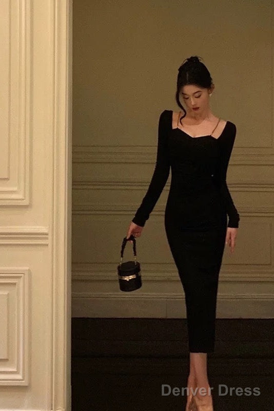 Sexy Sheath Long Sleeves Black Prom Dresses Birthday Outfits