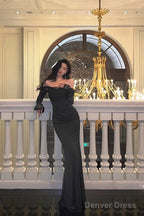 Sexy Sheath Off The Shoulder Black Long Sleeves Prom Dresses Evening Dress