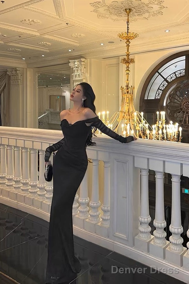 Sexy Sheath Off The Shoulder Black Long Sleeves Prom Dress