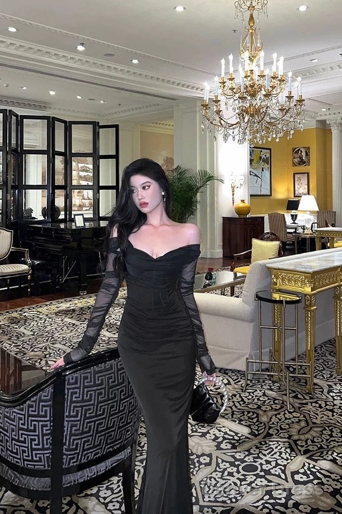 Sexy Sheath Off The Shoulder Black Long Sleeves Prom Dresses Evening Dress