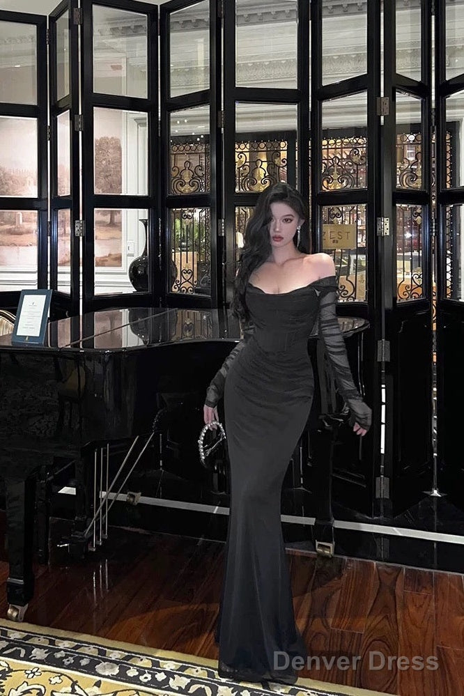 Sexy Sheath Off The Shoulder Black Long Sleeves Prom Dresses Evening Dress
