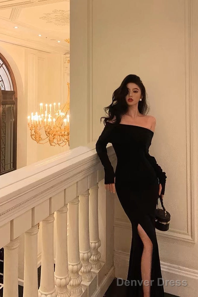 Sexy Sheath Off The Shoulder Black Slit Long Sleeves Prom Dresses Birthday Outfits Secondary image