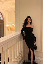 Sexy Sheath Off The Shoulder Black Slit Long Sleeves Prom Dresses Birthday Outfits