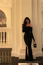 Sexy Sheath Off The Shoulder Black Slit Long Sleeves Prom Dresses Birthday Outfits