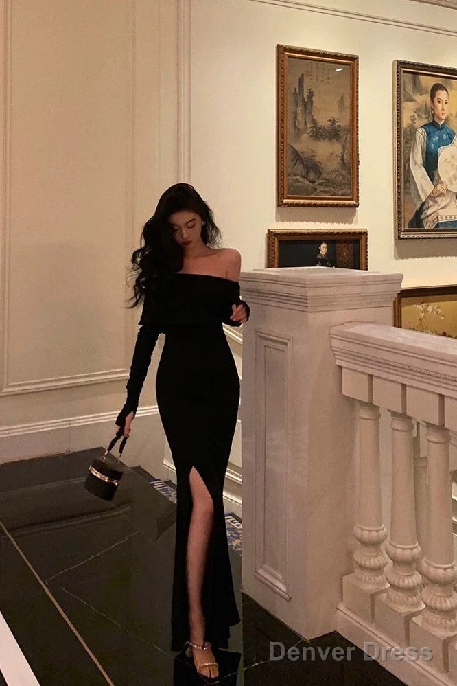 Sexy Sheath Off The Shoulder Black Slit Long Sleeves Prom Dresses Birthday Outfits Main image