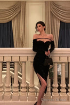 Sexy Sheath Off The Shoulder Black Velvet Slit Mid Length Prom Dresses Birthday Outfits