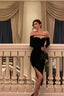 Sexy Sheath Off The Shoulder Black Velvet Slit Mid Length Prom Dresses Birthday Outfits