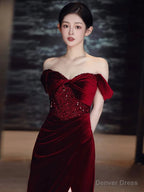 Sexy Sheath Off The Shoulder Burgundy Velvet Floor Length Prom Dress