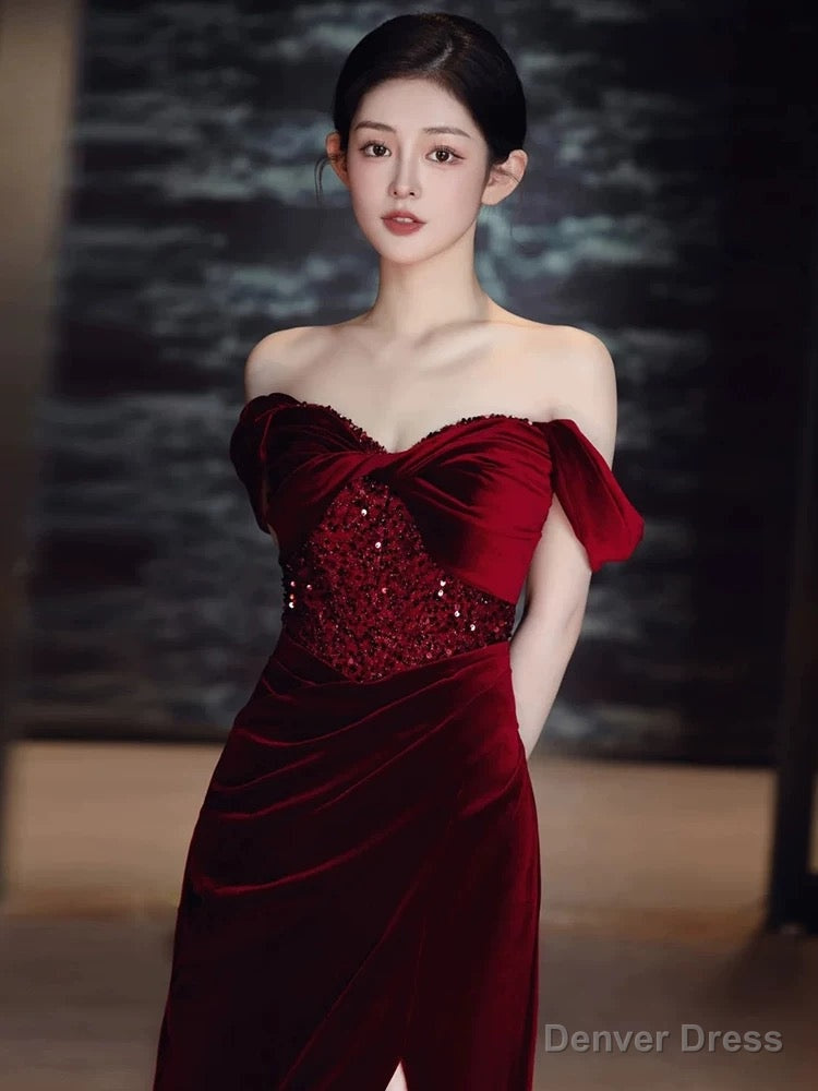 Sexy Sheath Off The Shoulder Burgundy Velvet Floor Length Prom Dress