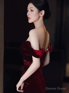 Sexy Sheath Off The Shoulder Burgundy Velvet Floor Length Prom Dress