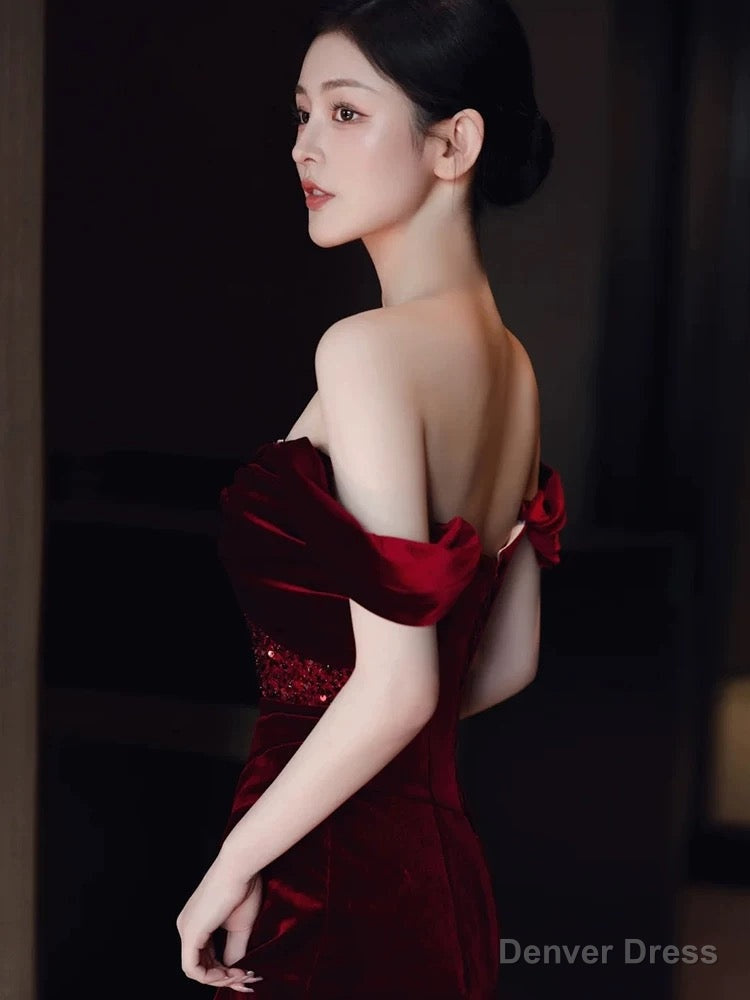Sexy Sheath Off The Shoulder Burgundy Velvet Floor Length Prom Dress