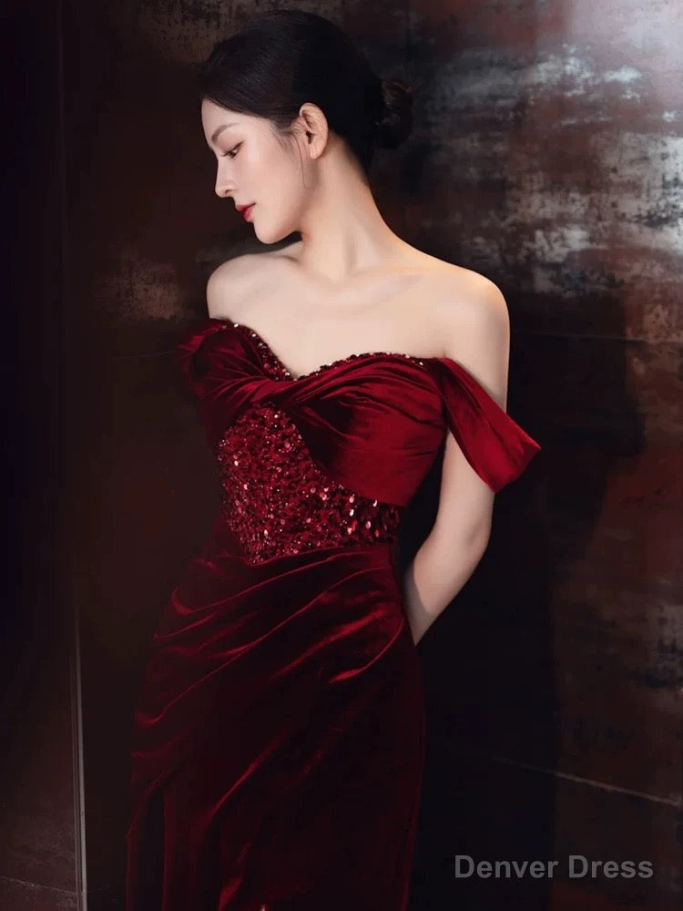 Sexy Sheath Off The Shoulder Burgundy Velvet Floor Length Prom Dress