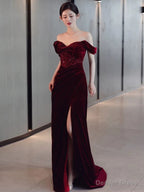Sexy Sheath Off The Shoulder Burgundy Velvet Floor Length Prom Dress