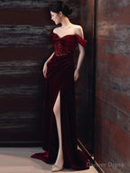 Sexy Sheath Off The Shoulder Burgundy Velvet Floor Length Prom Dress