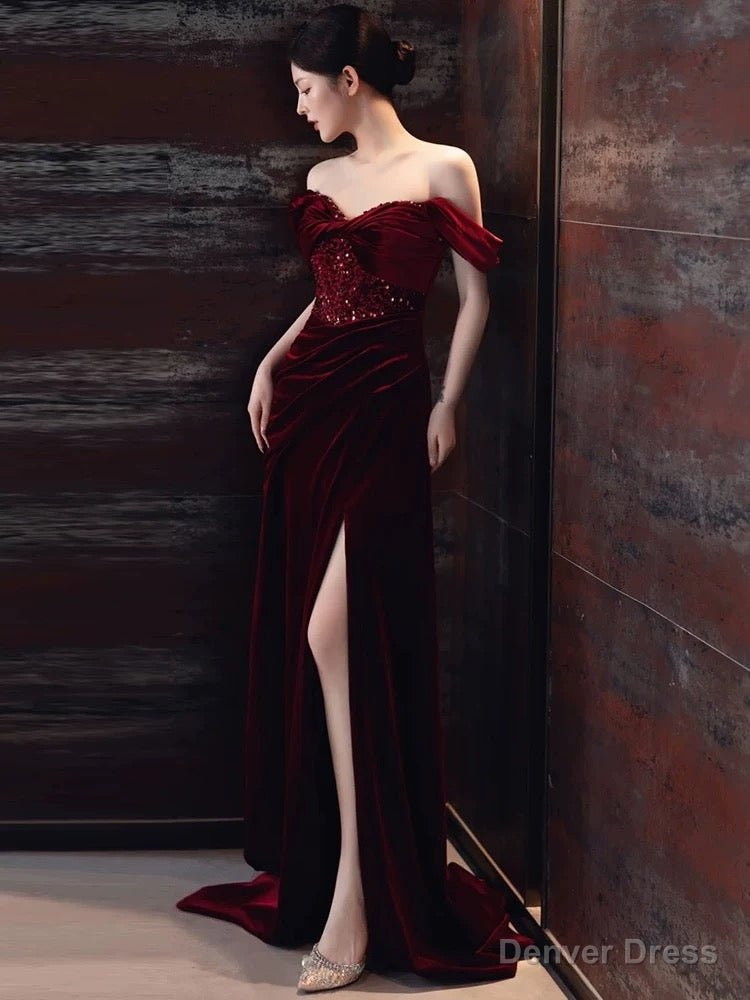 Sexy Sheath Off The Shoulder Burgundy Velvet Floor Length Prom Dress