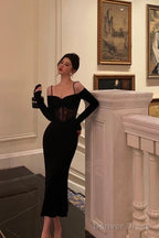 Sexy Sheath Off The Shoulder Long Sleeves Black Tea Length Prom Dresses Birthday Outfits