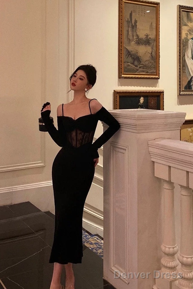 Sexy Sheath Off The Shoulder Long Sleeves Black Tea Length Prom Dresses Birthday Outfits