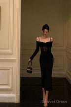 Sexy Sheath Off The Shoulder Long Sleeves Black Tea Length Prom Dresses Birthday Outfits