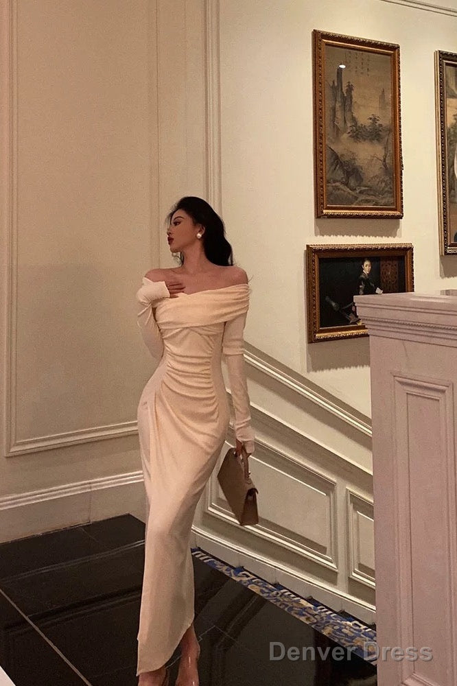 Sexy Sheath Off The Shoulder Long Sleeves White Slit Prom Dresses Birthday Outfits Secondary image