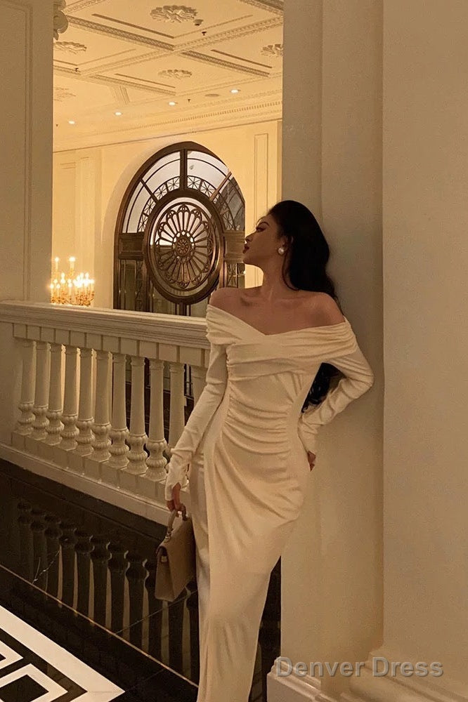 Sexy Sheath Off The Shoulder Long Sleeves White Slit Prom Dresses Birthday Outfits