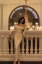 Sexy Sheath Off The Shoulder Long Sleeves White Slit Prom Dresses Birthday Outfits