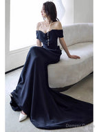 Sexy Sheath Off The Shoulder Navy Blue Satin Floor Length Prom Dress