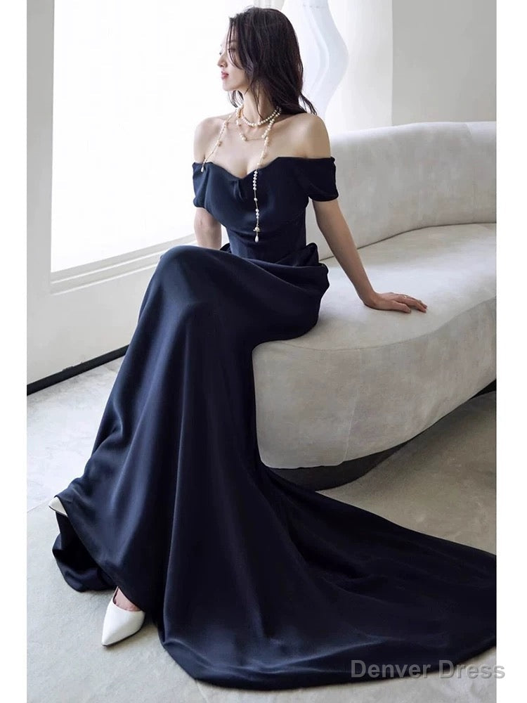 Sexy Sheath Off The Shoulder Navy Blue Satin Floor Length Prom Dress