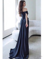 Sexy Sheath Off The Shoulder Navy Blue Satin Floor Length Prom Dress