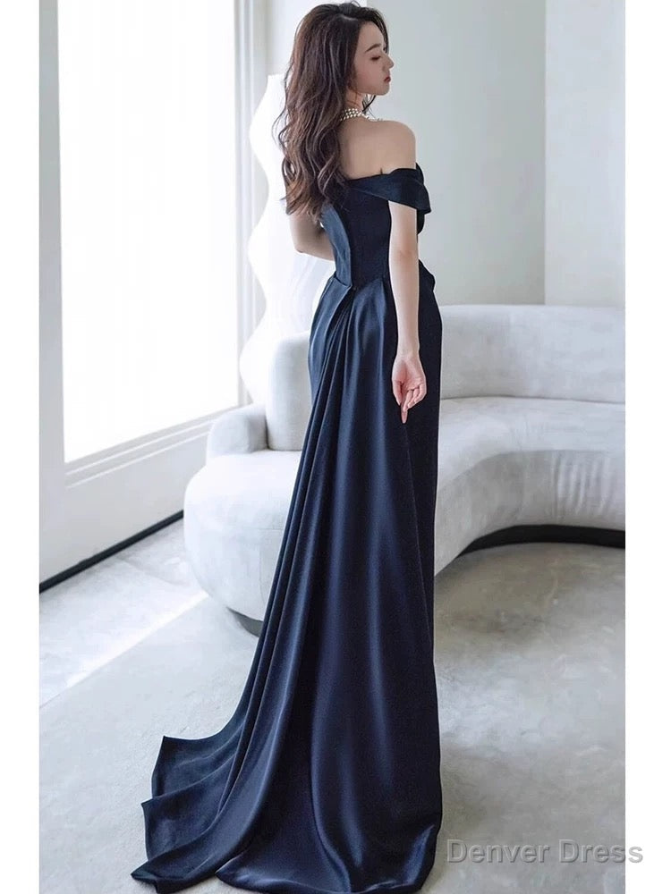 Sexy Sheath Off The Shoulder Navy Blue Satin Floor Length Prom Dress