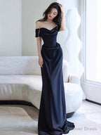 Sexy Sheath Off The Shoulder Navy Blue Satin Floor Length Prom Dress
