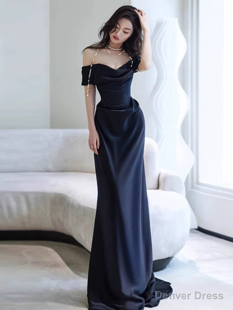 Sexy Sheath Off The Shoulder Navy Blue Satin Floor Length Prom Dress