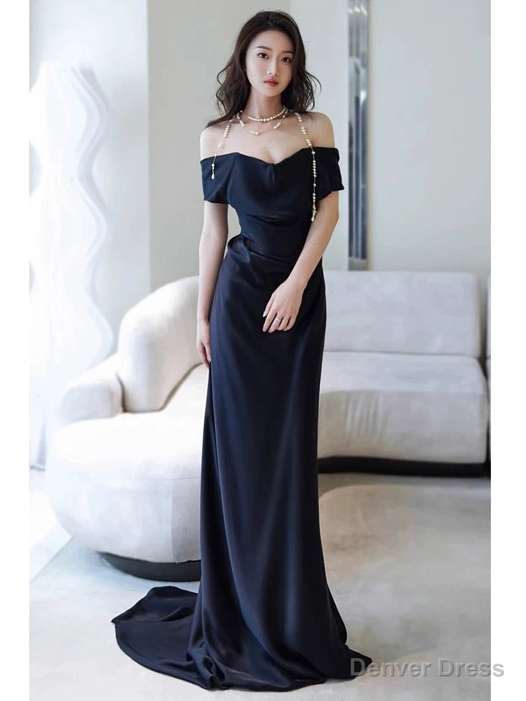 Sexy Sheath Off The Shoulder Navy Blue Satin Floor Length Prom Dress Main image
