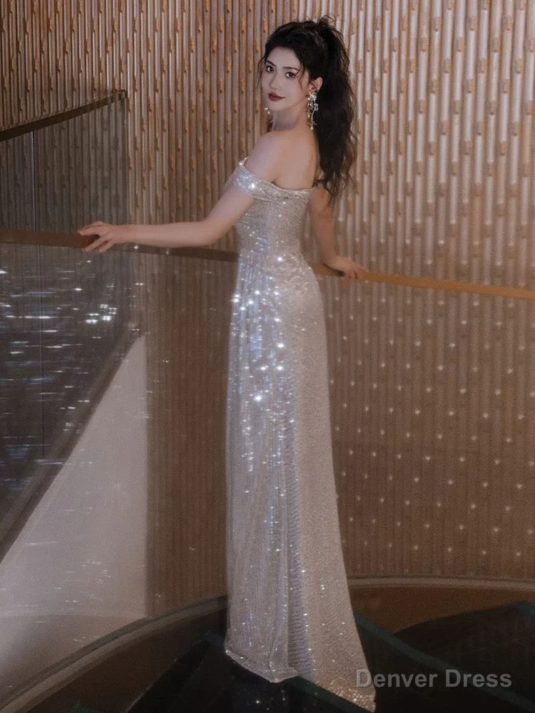 Sexy Sheath Off The Shoulder Sequin Slit Floor Length Prom Dress