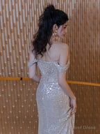 Sexy Sheath Off The Shoulder Sequin Slit Floor Length Prom Dress