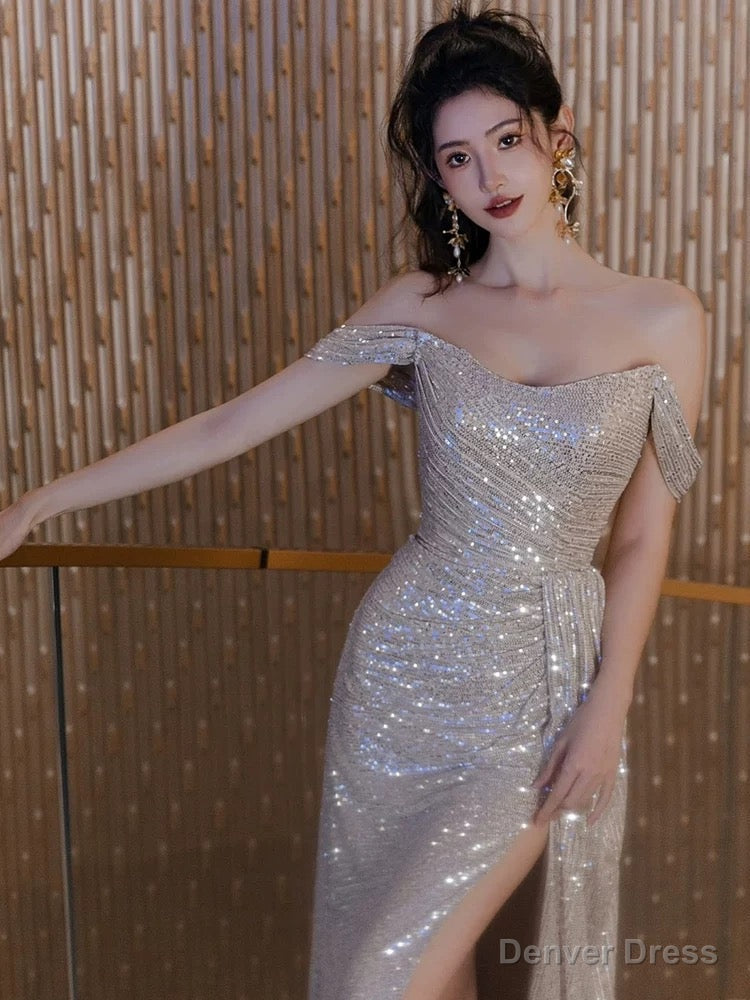Sexy Sheath Off The Shoulder Sequin Slit Floor Length Prom Dress